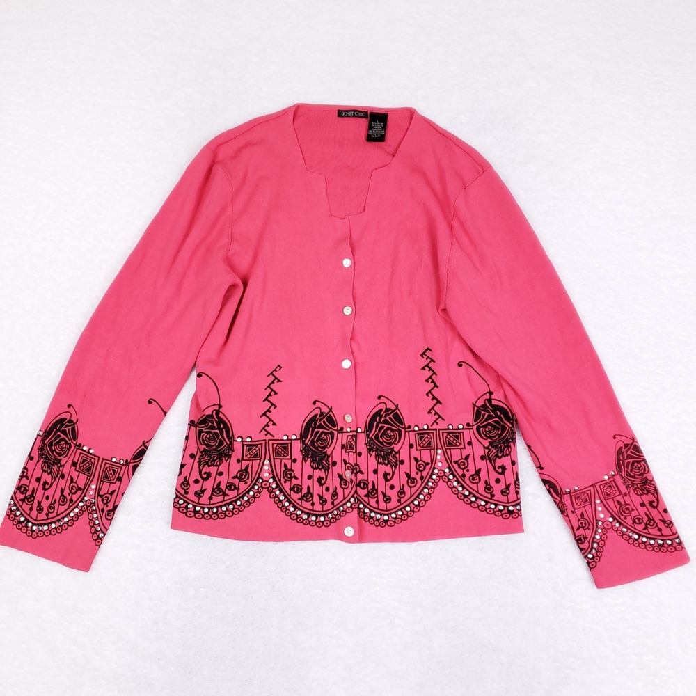 Knit Chic Cardigan Pink Size L Embroidered Roses Cottagecore‎ Y2K Vintage